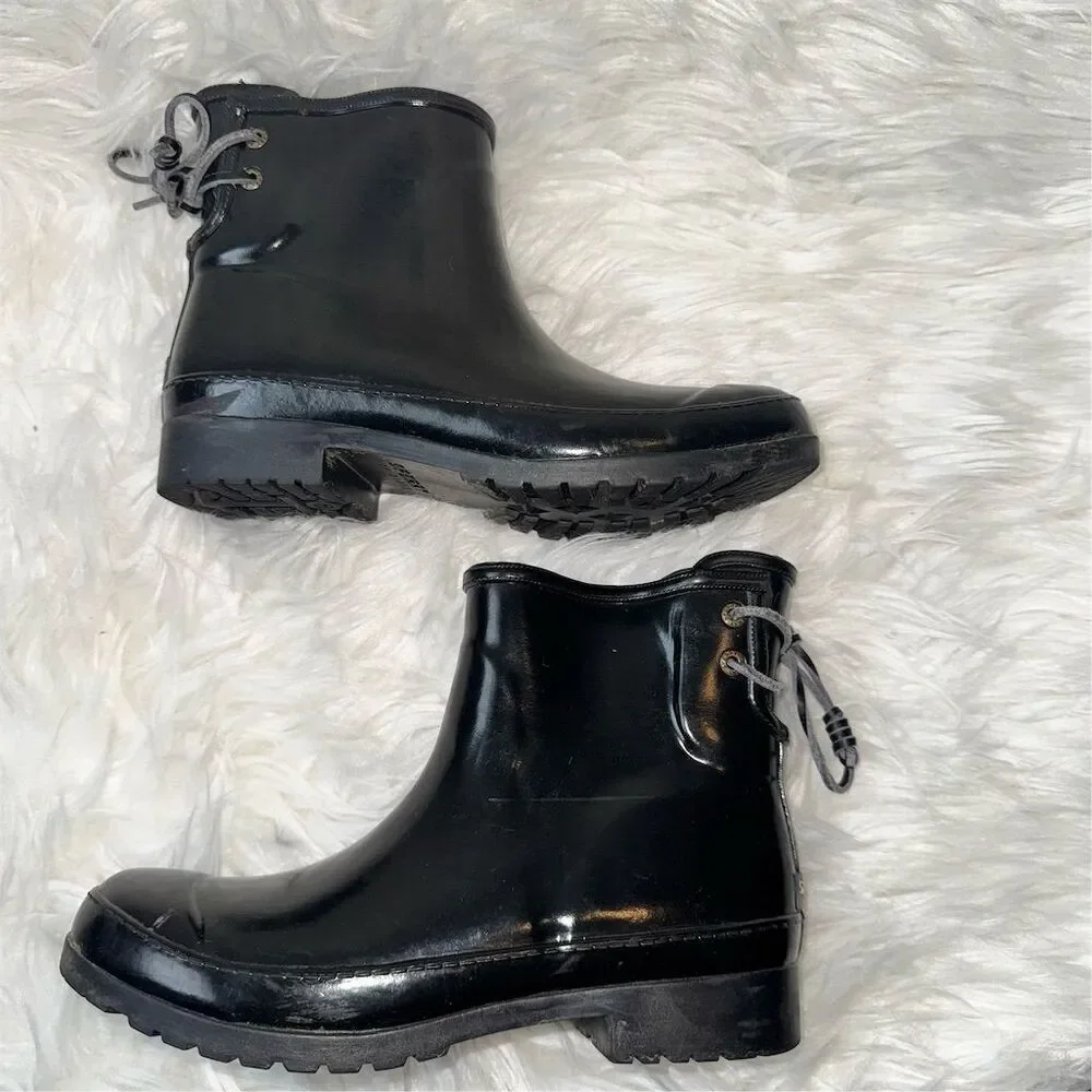 Sperry‎ Women's Black Walker Turk Waterproof Rain Boots Size 6 Tie Back Slip-on